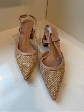 Berness Woven Slingback Heels Nude Tan Pointed Toe Block Heel Size 8